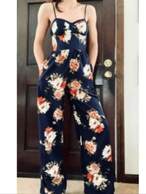 Band of Gypsies Black Floral Spaghetti-Strap Jumpsuit with Coral & Cream Blooms